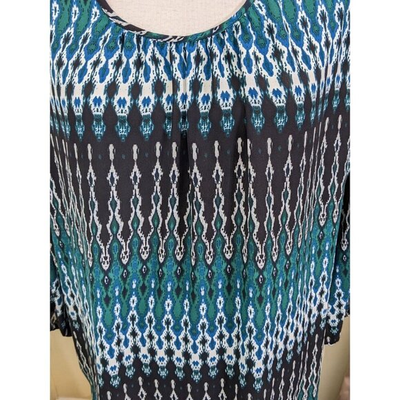 Cato Blouse Women Plus 26/28 Ikat Blue Green Boho Artsy Sleeve Ladder Cutout - Picture 7 of 9